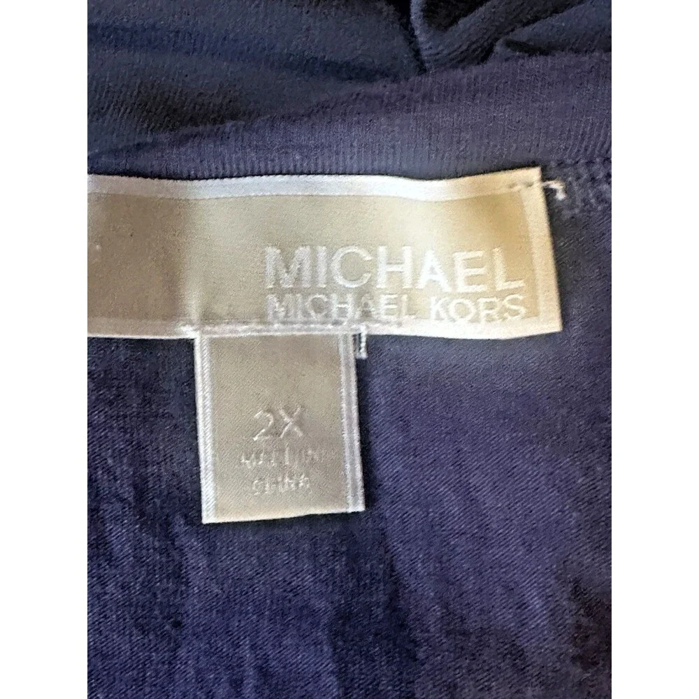 Michael Kors Size 2X Navy Blue Mixed Media Tiered Chiffon Hem Blouse Logo Charm